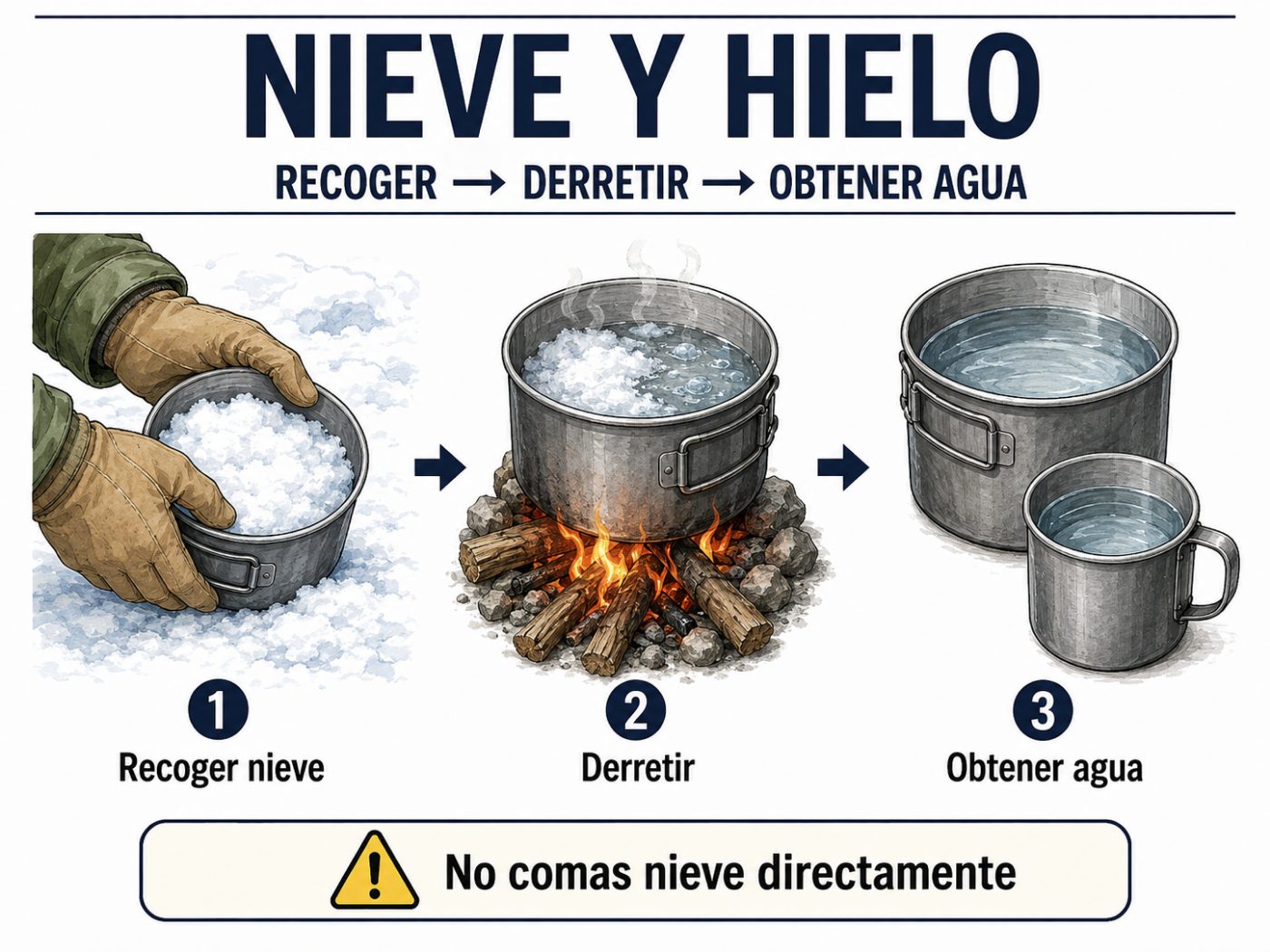 Derretir nieve o hielo en un recipiente antes de potabilizar el agua