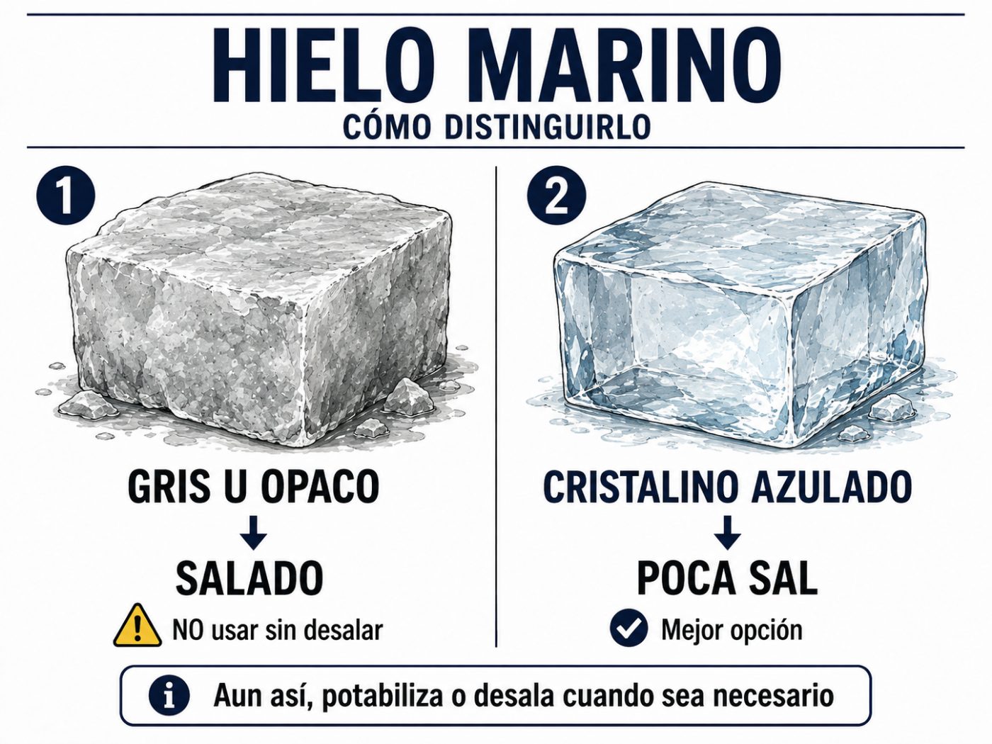 Diferencia entre hielo marino gris con sal y hielo cristalino con poca sal
