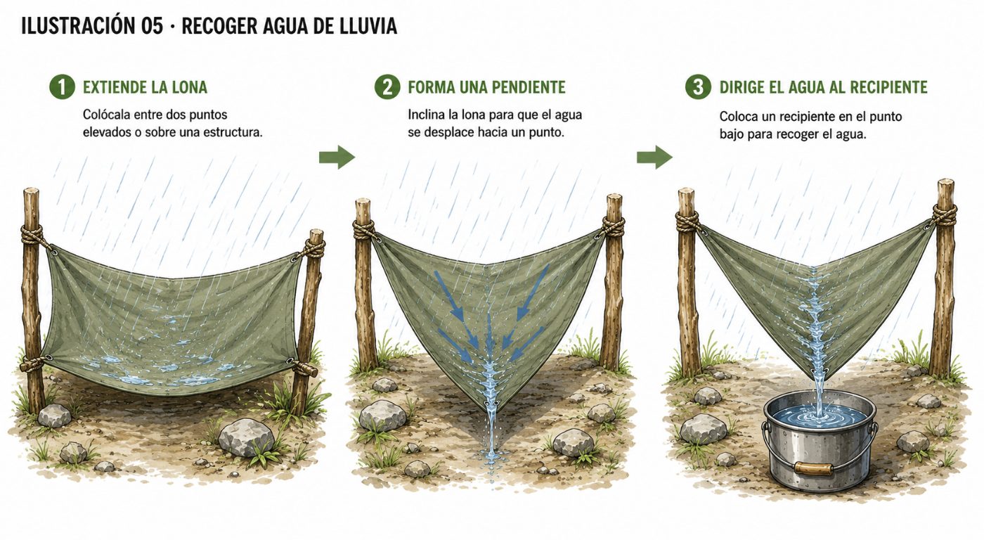 Recoger agua de lluvia con una lona formando una pendiente hacia un recipiente