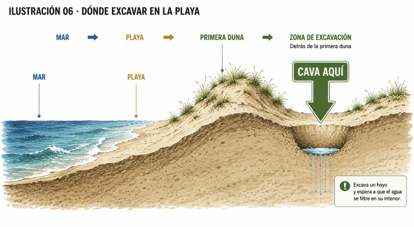 Buscar agua filtrada detrás de las dunas de una playa