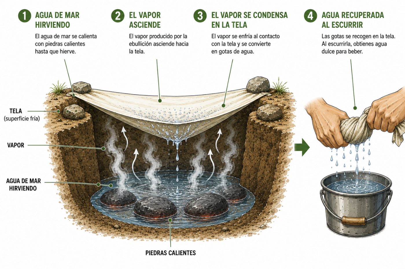 Obtener agua de mar hirviéndola y recogiendo el vapor condensado en un recipiente