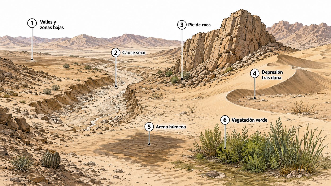 Dónde buscar agua en el desierto: valles, orillas secas y vegetación verde