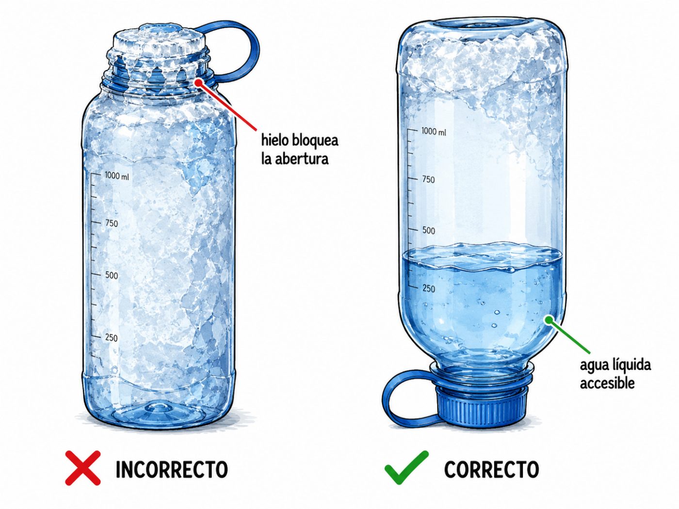 Guardar los recipientes de agua boca abajo en climas fríos para evitar que se bloqueen